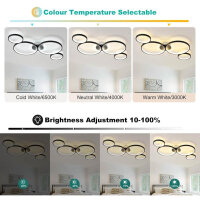 Modern LED ceiling light, dimmable, 5 rings, remote control, acrylic ring, ideal for living room and bedroom (black).