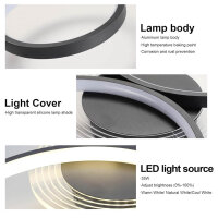 Modern LED ceiling light, dimmable, 5 rings, remote control, acrylic ring, ideal for living room and bedroom (black).