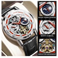 OLEVS Skeleton Automatic Mens Watch, Leather, Moon Phase,...