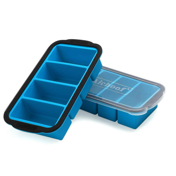 Silicone freezer containers, 2 pack, extra large freezer tray, blue, for soup, broth, sauce, ice cubes, 4 large servings.