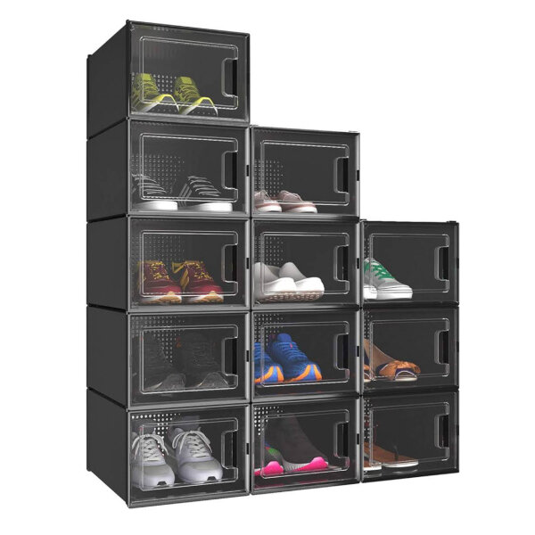 YITAHOME shoe boxes, set of 12, stackable storage boxes, transparent, ventilated, for shoes up to size 46, black.