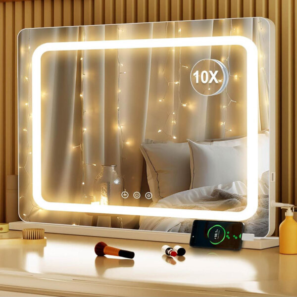 Saimeihome makeup mirror 80x55 cm, Hollywood, dimmable lighting, 3 light modes, touch control, 10x magnification, charging port.