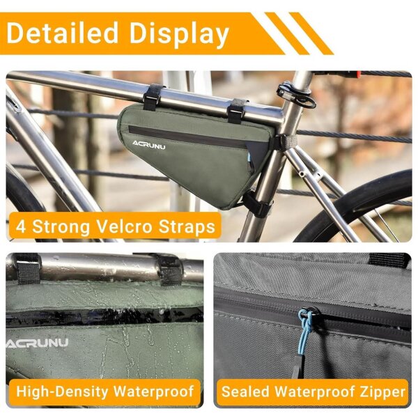 ACRUNU triangle bag, 1.5L, bicycle bag, waterproof, with bicycle bell, for 22-24mm frames, ideal for mountain bikes and road bikes.