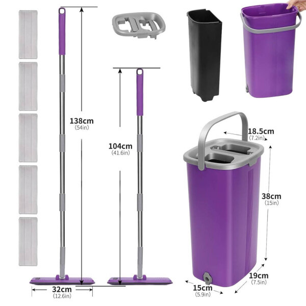 Masthome Mop Set, Floor Mop, 138cm Stainless Steel Handle, Wringing Function, 5 Microfiber Pads, Purple
