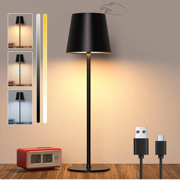 LED dimmable table lamp, rechargeable, touch control, metal, USB-C, IP44, waterproof, black, ideal for terraces and restaurants.