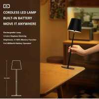LED dimmable table lamp, rechargeable, touch control, metal, USB-C, IP44, waterproof, black, ideal for terraces and restaurants.