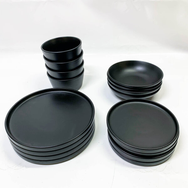 Stoneware tableware set Manhattan, 16 pieces, urban dinner service for 4 people, matt black, modern design, ideal for stylish occasions.