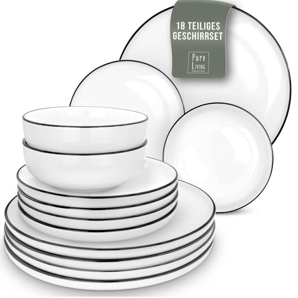 Scandi-style dinnerware set for 6 people, 18 pieces, premium porcelain, white, dishwasher and microwave safe, stylish plates and bowls.
