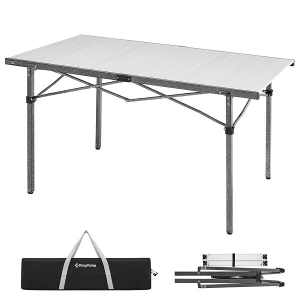 KingCamp camping table, folding table, foldable, aluminum frame, 136x70 cm, for 4-6 people, load capacity up to 80 kg, silver, XL.