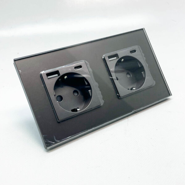 PANGTZEEN Schuko socket, USB A + C, 2-way, tempered glass, 157mm, 16A, Type-F, flush-mounted, gray, ideal for bedroom, kitchen, office.