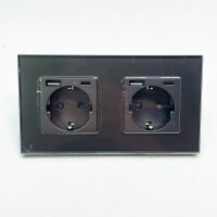 PANGTZEEN Schuko socket, USB A + C, 2-way, tempered glass, 157mm, 16A, Type-F, flush-mounted, gray, ideal for bedroom, kitchen, office.