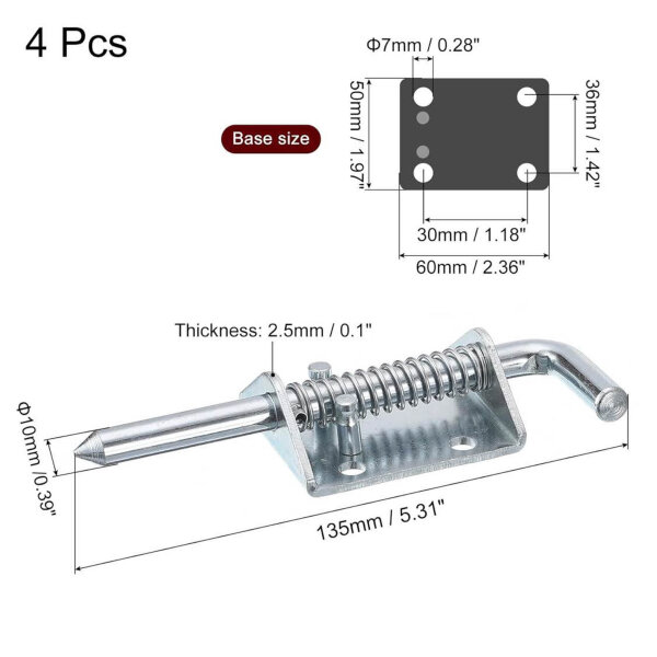 Sourcing Map 10x135mm Carbon Steel Zinc Plated Spring Loaded Deadbolt Lock for Sliding Doors, Trailer Doors, Silver. 4 Pieces.