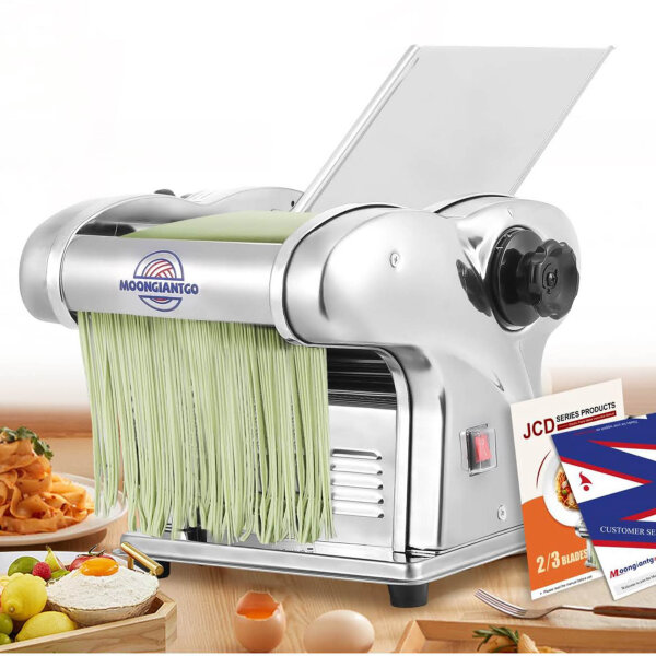 Moongiantgo Pasta Machine, Electric, Stainless Steel, 3 Blades (1.5/4/9 mm), 9 Thickness Levels (0.3-3 mm) for Pasta and Ravioli.