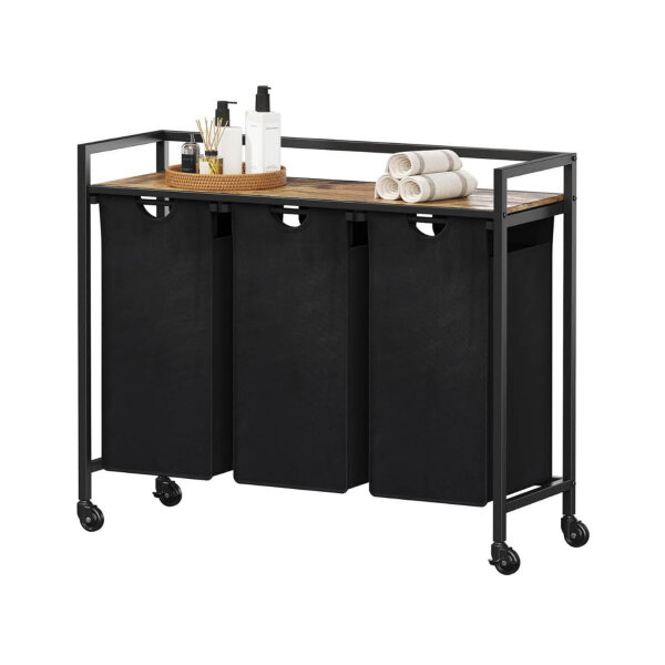 LIFEWIT Wäschereikorb, 120 l, mit Rädern, 3 abnehmbaren Taschen, großem Regal, ideal für Wäsche, Schlafzimmer, Schwarz.
