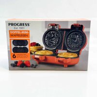 PROGRESS Est. Double Mini Waffle Iron – Compact waffle maker, 6 removable non-stick plates, 1100W, easy to clean, red.