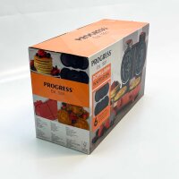 PROGRESS Est. Double Mini Waffle Iron – Compact waffle maker, 6 removable non-stick plates, 1100W, easy to clean, red.
