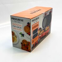 PROGRESS Est. Double Mini Waffle Iron – Compact waffle maker, 6 removable non-stick plates, 1100W, easy to clean, red.