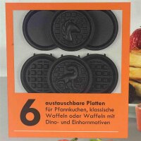 PROGRESS Est. Double Mini Waffle Iron – Compact waffle maker, 6 removable non-stick plates, 1100W, easy to clean, red.