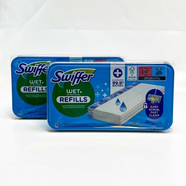 Swiffer Wet+ Antibakteriell, Nachfüllpack, feuchte Bodentücher, 2 x 20 Stück, effektiv gegen Bakterien, einfache Anwendung.