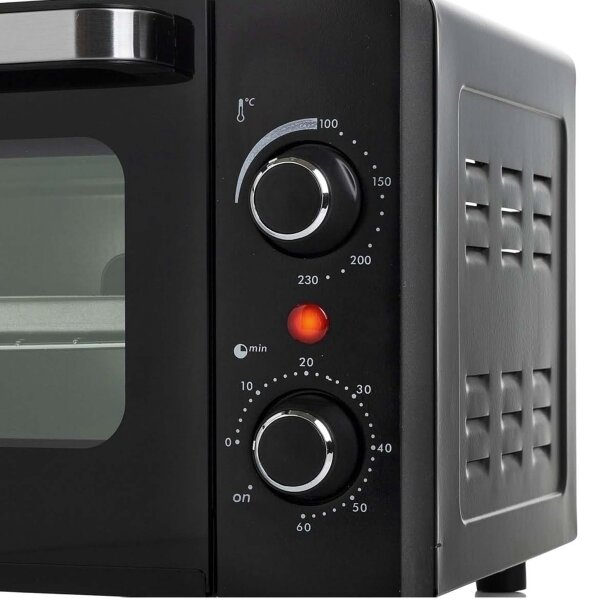 Tristar Mini-Backofen OV-3615, 800 W, 10 L, Timer, Doppelglastür, bis 230°C, ideal zum Campen, Grillen, Backen, kompakt, schwarz.