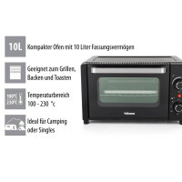 Tristar Mini-Backofen OV-3615, 800 W, 10 L, Timer, Doppelglastür, bis 230°C, ideal zum Campen, Grillen, Backen, kompakt, schwarz.