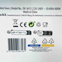 Tristar Mini-Backofen OV-3615, 800 W, 10 L, Timer, Doppelglastür, bis 230°C, ideal zum Campen, Grillen, Backen, kompakt, schwarz.