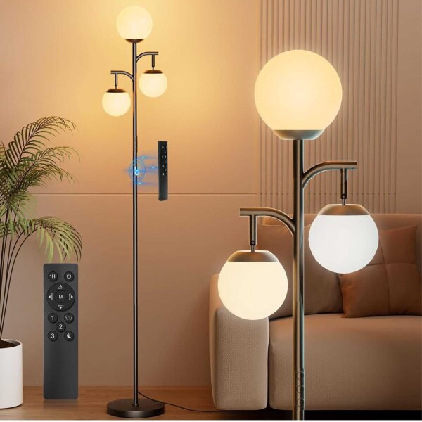 SIBRILLE floor lamp 3-Globe, 32W, LED, rotatable, remote control, touch control, dimmable, 4 color temperatures, for living room and office.
