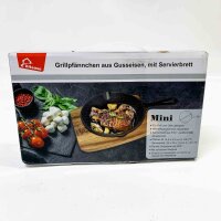 Gusseisen Grillpfännchen Ø 15,5 cm mit Servierbrett, ideal für BBQ und Ofengerichte, hitzebeständig und langlebig.