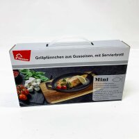 Cast iron grill pan Ø 18cm with serving board, ideal for grilled dishes, heat-resistant, even heat distribution.