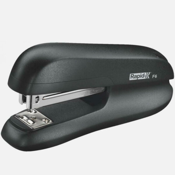 F6 stapler, up to 20 sheets, black, compact, ideal for office and home, precise stapling, robust design.