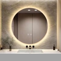 YOSHOOT Patterned Round Bathroom Mirror Wall Mounted Dimmable LED Light Anti-Fog IP44 Large Diameter.