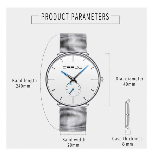 FIZILI mens watch 086, ultra thin, black, minimalist, quartz, Milanese mesh stainless steel, elegant and timeless.