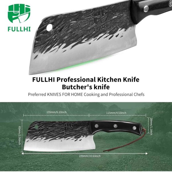 Fulli Küchenmesser 27 cm, Kochmesser mit Holzgriff, ideal zum Schneiden von Fleisch, Gemüse und Obst, inklusive Scheide.