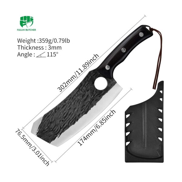 Fullhi Metzgermesser, Kochmesser, 29,3 cm, Kohlenstoffstahl, schwarz, ideal für Camping und Gemüse