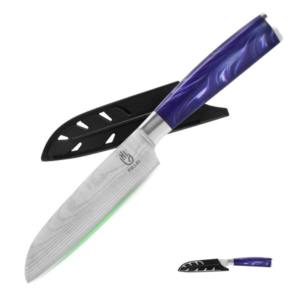 Fullhi Santoku Knife, 5-inch, Kitchen Knife, Multicolored, Stainless Steel, with Purple Resin Handle and Protective Cover.