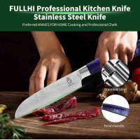 Fullhi Santoku Knife, 5-inch, Kitchen Knife, Multicolored, Stainless Steel, with Purple Resin Handle and Protective Cover.