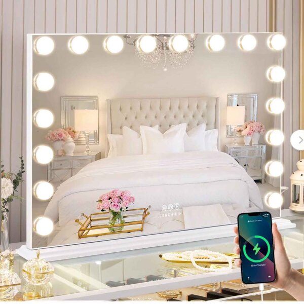 FENCHILIN Hollywood mirror, makeup mirror, 18 dimmable LEDs, 3 color temperatures, USB port, ideal for dressing table, white.