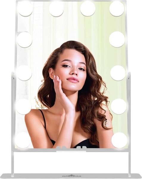 FENCHILIN Hollywood Schminkspiegel 30x41 cm, beleuchtet, 12 LED, Wireless Ladefunktion, Lautsprecher, weiß