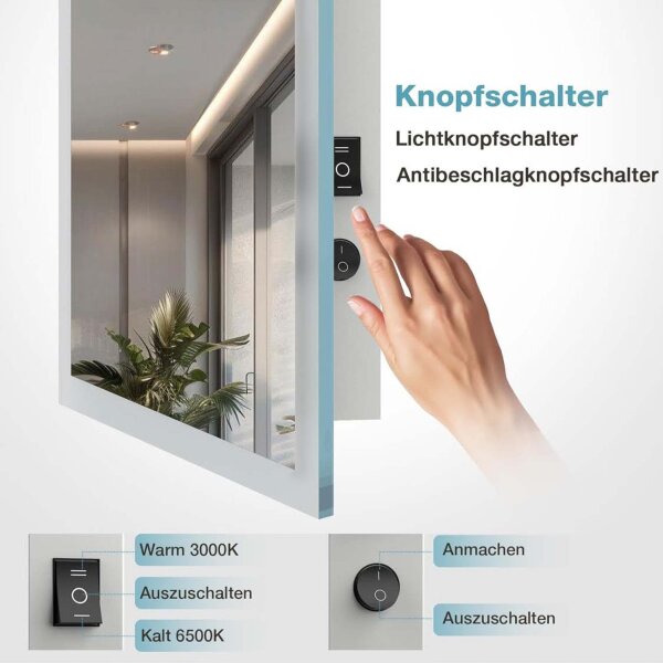 GIMBELEN Badspiegel 80x60 cm, LED mit Antibeschlag, 2 Lichtfarben (3000K/6500K), Tastenschalter, Speicherfunktion, rechteckig.