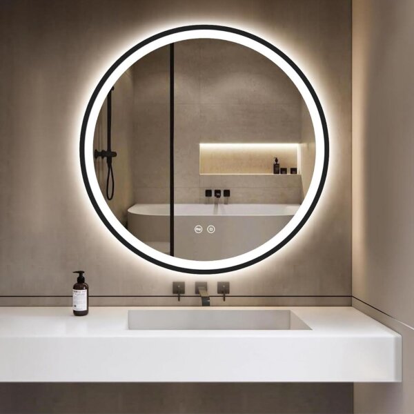 GIMBELEN round mirror 50 cm, bathroom mirror with lighting, dimmable, 3 light colors, IP44, HD safety glass, black.