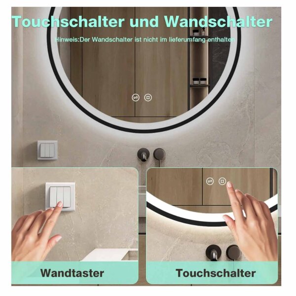 GIMBELEN round mirror 50 cm, bathroom mirror with lighting, dimmable, 3 light colors, IP44, HD safety glass, black.