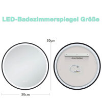 GIMBELEN round mirror 50 cm, bathroom mirror with lighting, dimmable, 3 light colors, IP44, HD safety glass, black.