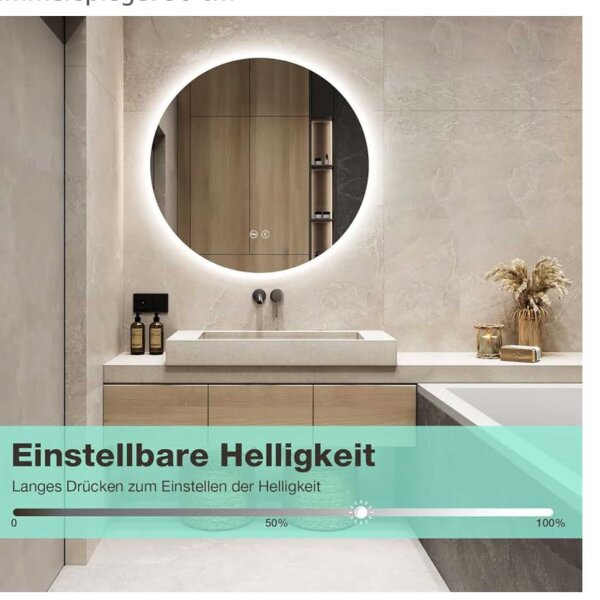 GIMBELEN round bathroom mirror 50 cm, illuminated, 3 light colors, dimmable, touch switch, memory function, explosion-proof.