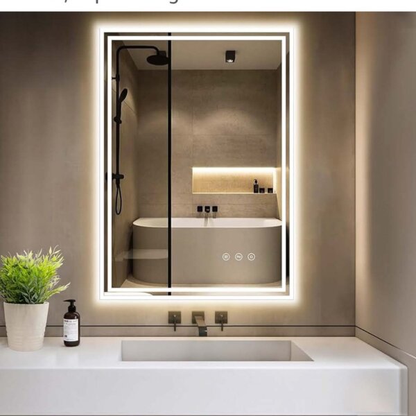 GIMBELEN bathroom mirror 50x70cm, LED illuminated, 3 dimmable light colors, anti-fog, rectangular, touch switch, explosion-proof.