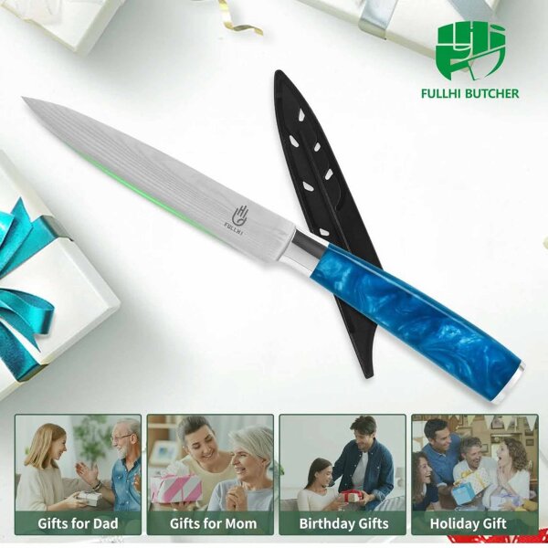 Fullhi Utility Knife, 5-Inch, Universal Kitchen Knife, Multicolor, Stainless Steel, with Wooden Handle, ideal for precise cutting