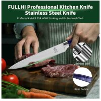 Fullhi 8-inch kitchen knife, multi-colored, stainless steel, purple resin handle, sharp blade, including protective case.