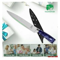 Fullhi 8-inch kitchen knife, multi-colored, stainless steel, purple resin handle, sharp blade, including protective case.