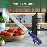 Fullhi 8-inch kitchen knife, multi-colored, stainless steel, purple resin handle, sharp blade, including protective case.