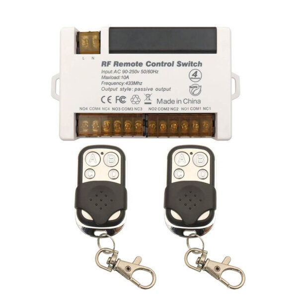 ThisRC 4 channels radio relay 230V, relay receiver, 10A, 2 remote controls, easy wiring, large terminal.