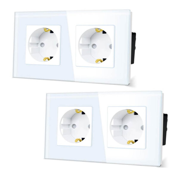 TAWOIA Schuko socket, EU standard, 2-way, glass flush-mounted, crystal glass plate, double wall sockets, white, 86 x 157 mm, 2-pack